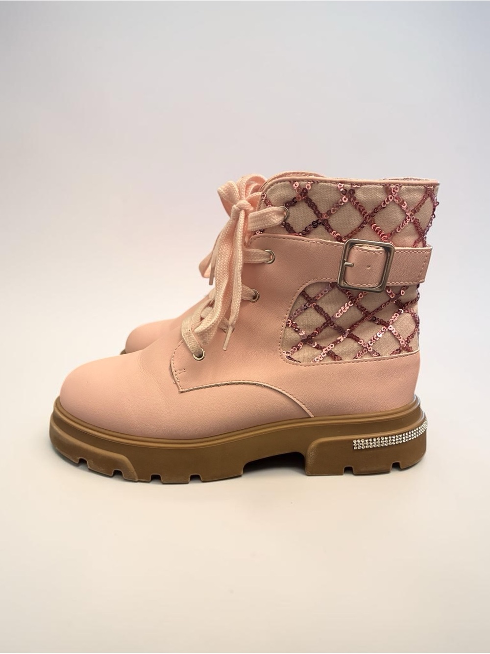 Jessica Simpson Girls Pink Lace-Up Ankle Boots with Rhinestone Quilted Detail